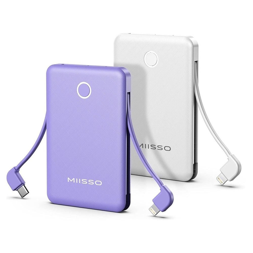 MIISSO 2-Pack Power Bank 6000mAh Portable Charger Built-in Cables 1 White 1 Purp